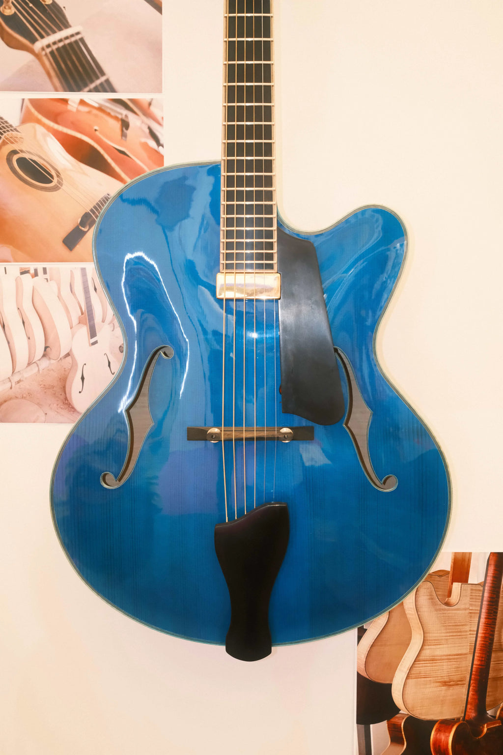 Handmade Yunzhi Jazz Hollow Body Guitar Gloss Blue Nitro Finish Solid Spruce Flamed Maple Body Ebony Luthier-Built Electric