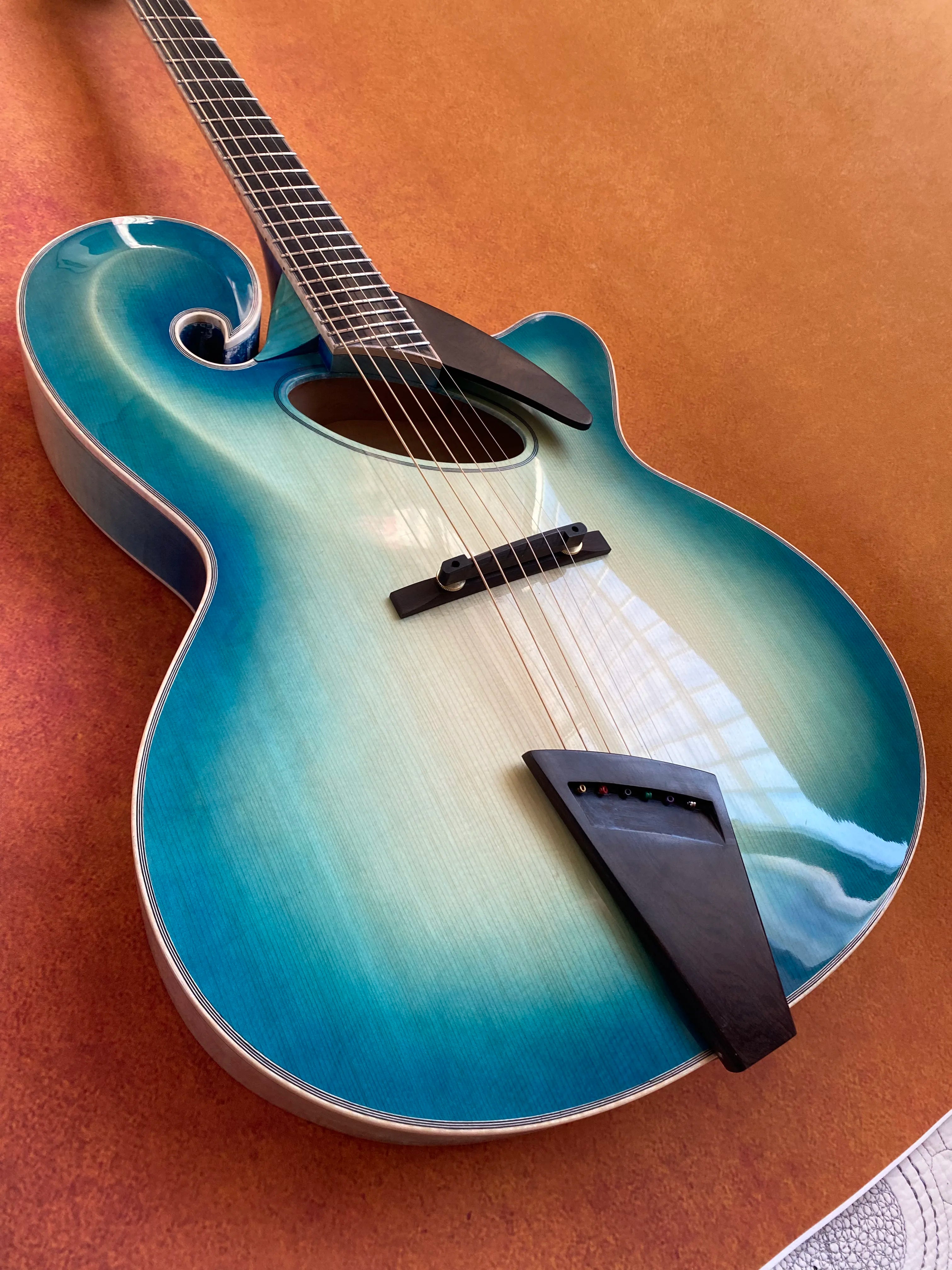 Handmade Custom Archtop Jazz Guitar-Big Mandolin Style Nitro Blue Yunzhi 6 Strings Fully Maple Back Spruce Top Ebony Brass