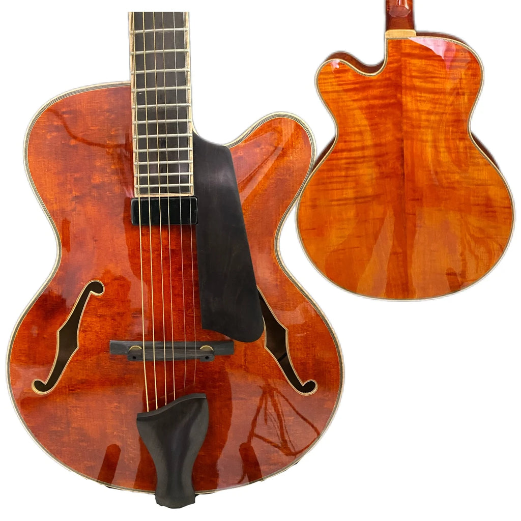 Yunzhi 16-Inch Cutaway Archtop Jazz Electric Guitar Maple Hollow Body with Ebony Fingerboard Antique Color