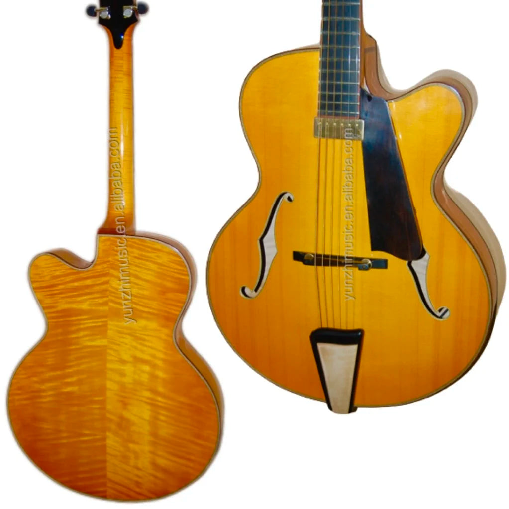 Yunzhi Jazz Guitar Cutaway Electric Archtop Hollow Body with Flamed Maple Ebony Fingerboard-Golden Customizable