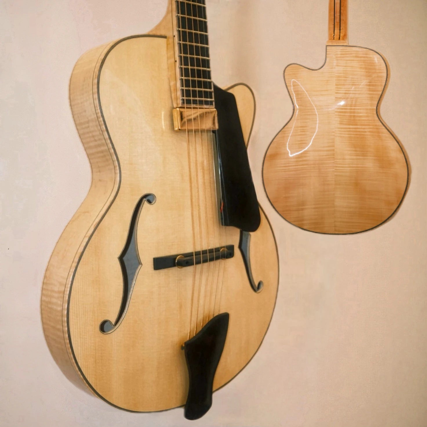 Yunzhi Handcrafted 15" Hollow Body Electric Guitar 6 Natural Nitrocellulose Gloss Flamed Maple Spruce Archtop Jazz Ebony