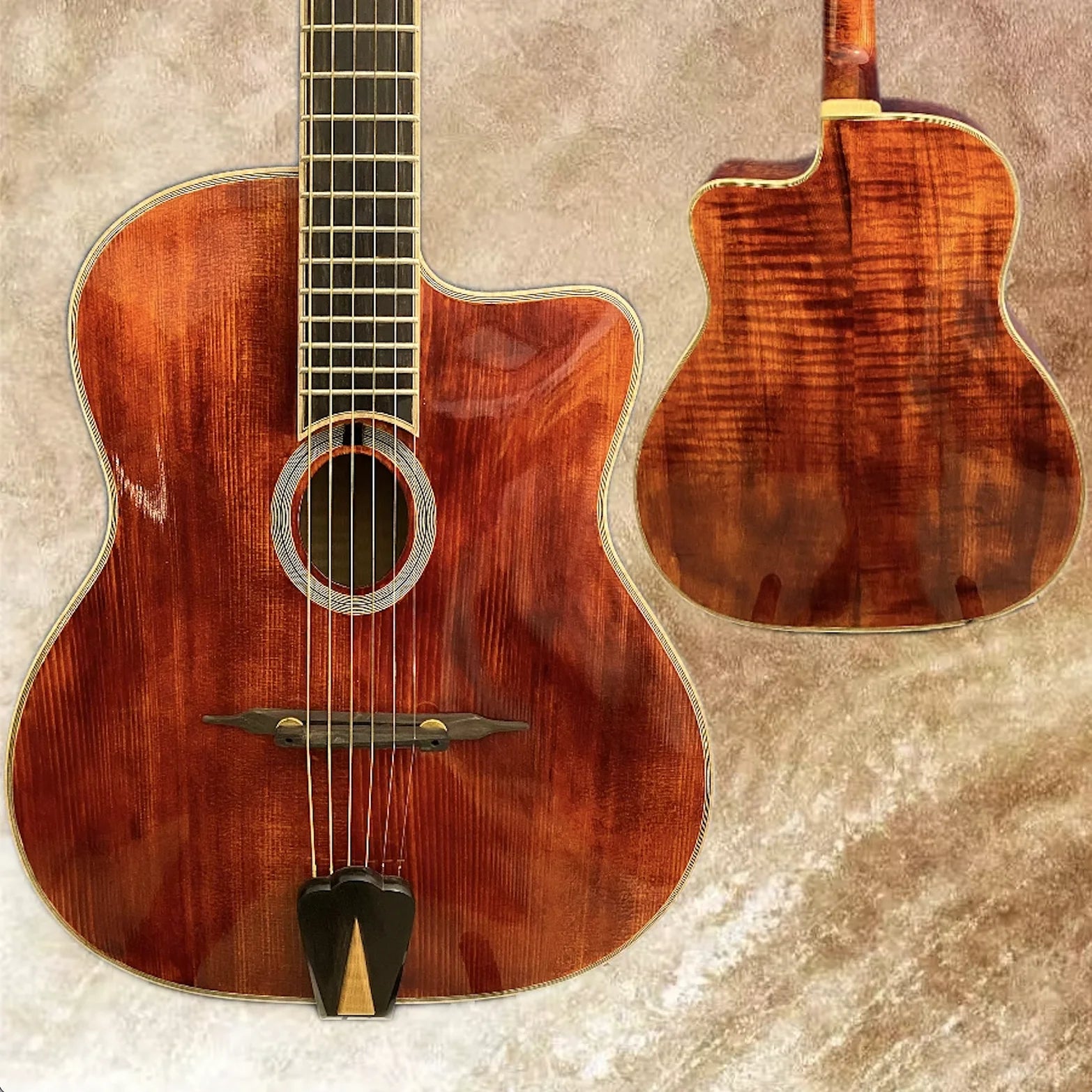 Yunzhi Handcrafted 16-Inch Gypsy Acoustic Guitar Flamed Maple Hollow Body Original Color Spruce Top Ebony Finish H-S-S Pickup
