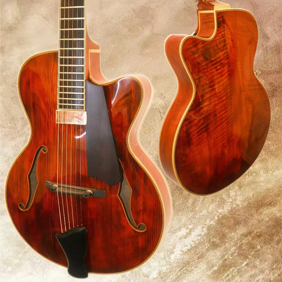 Yunzhi YZ-19NYL Luthier Handcrafted 15" Jazz 6-String Electric Guitar Flamed Maple Hollow Body Archaize Spruce Top Ebony Brown